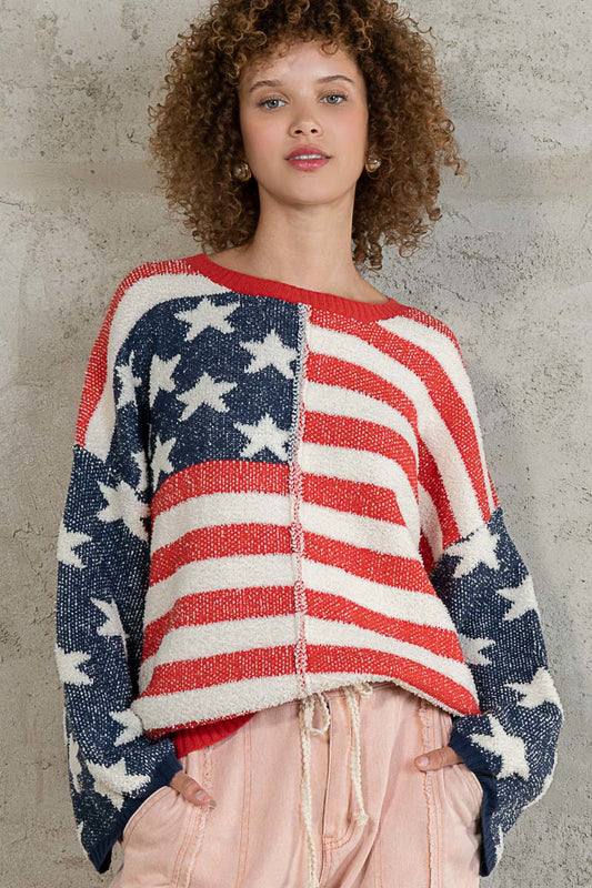 POL Red Blue Round Neck Stars Stripe Pattern Fleece Relaxed Fit Pullover Sweater - Roulhac Fashion Boutique