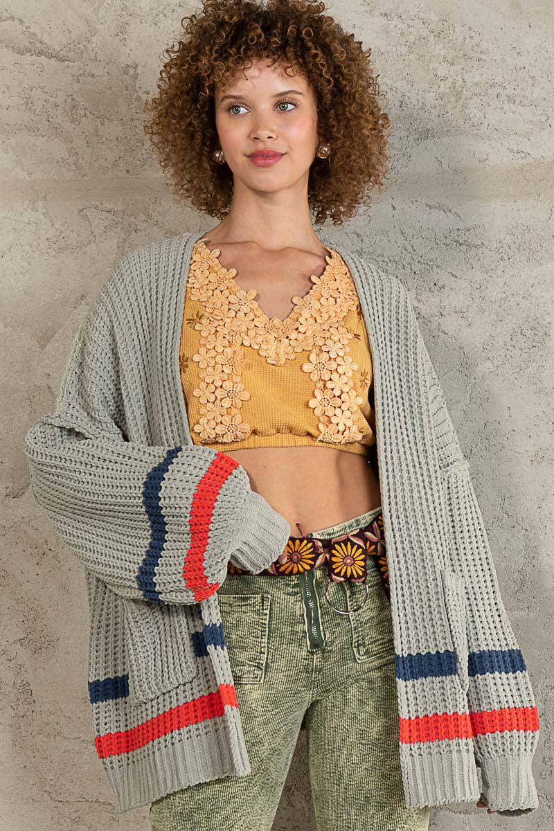 POL Matcha Stripe Open Front Pocket Chenille Oversized Fit Cardigan Sweater - Roulhac Fashion Boutique