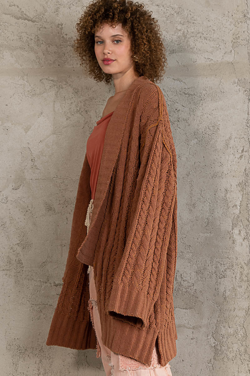 POL Burnt Topaz Shawl Collar Back Patch Chenille Cardigan Sweater - Roulhac Fashion Boutique