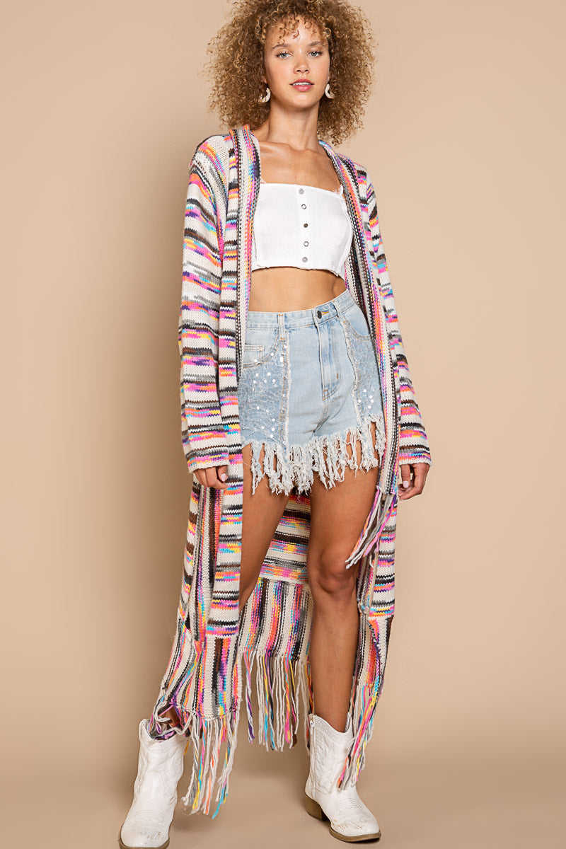 POL Ivory/Pink Multi Open Front Multi Colored Tassel Fringe Cardigan Sweater - Roulhac Fashion Boutique