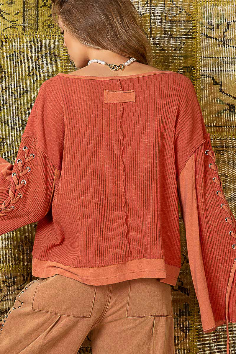 POL Dried Rose Notched Neck Lace-Up Sleeve Color Block Ribbed Knit Oversized Top - Roulhac Fashion Boutique