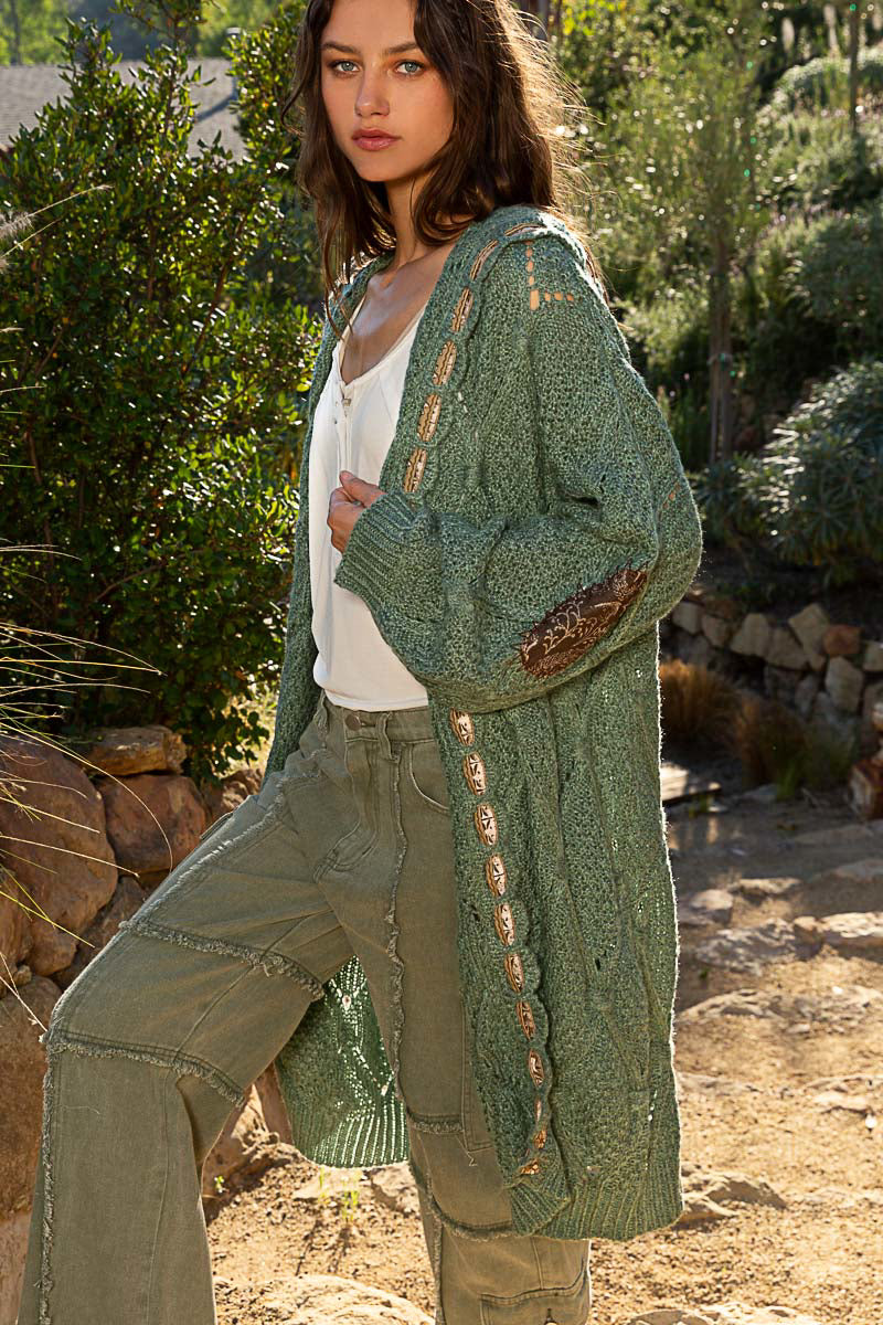 POL Mugwort Green Embroidered Tape Open Front Hooded Cardigan - Roulhac Fashion Boutique