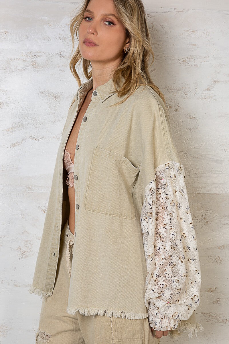 POL Oversize Contrast Lace Sleeve Button Down Shacket Jacket