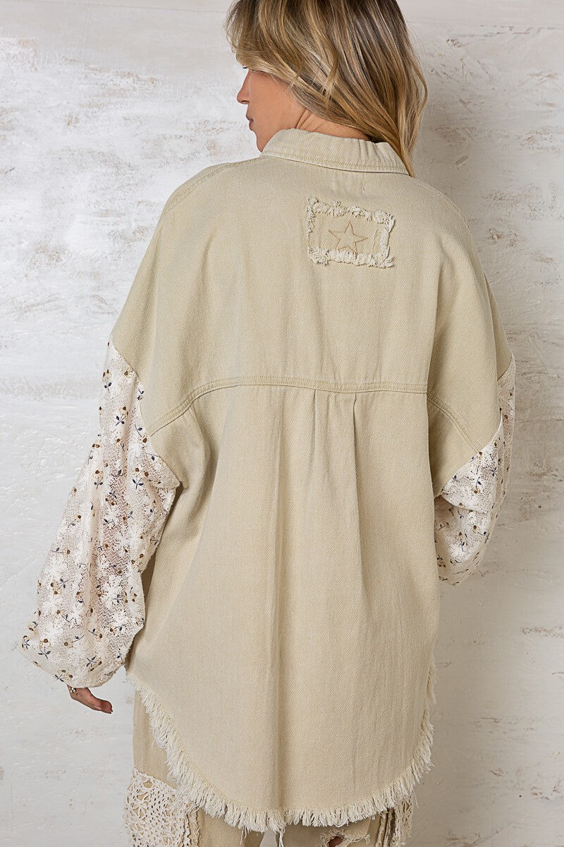 POL Oversize Contrast Lace Sleeve Button Down Shacket Jacket