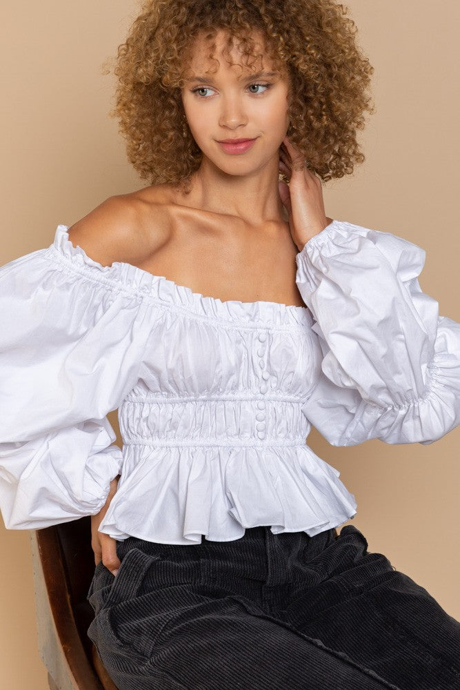POL Off-shoulder Crop Length Long Sleeve Poplin Ruffled Top - Roulhac Fashion Boutique