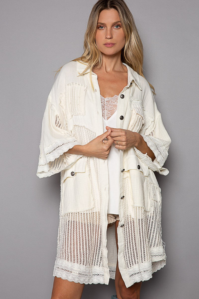 POL Oversize Short Sleeves Openweaving Contrast Relaxed Fit Shacke Jacket
