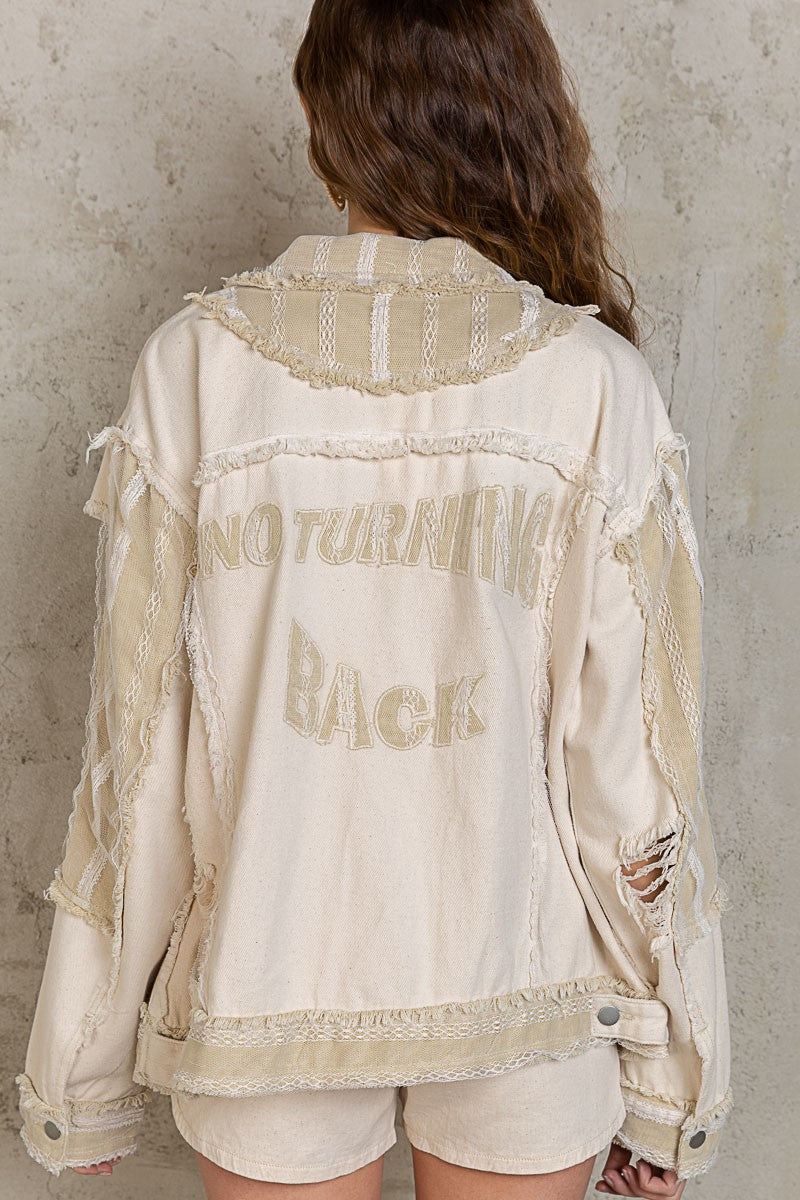 POL Relaxed Fit Back Lettering Distressed Shacket Jacket
