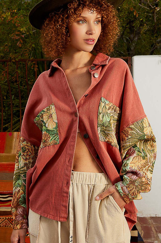POL Contrast Jacquard Sleeve Button Down Relaxed Fit Shacket Jacket - Roulhac Fashion Boutique