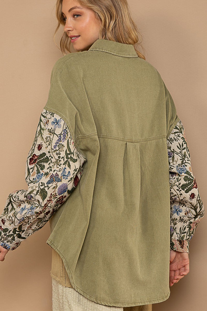 POL Contrast Jacquard Sleeve Button Down Relaxed Fit Shacket Jacket - Roulhac Fashion Boutique