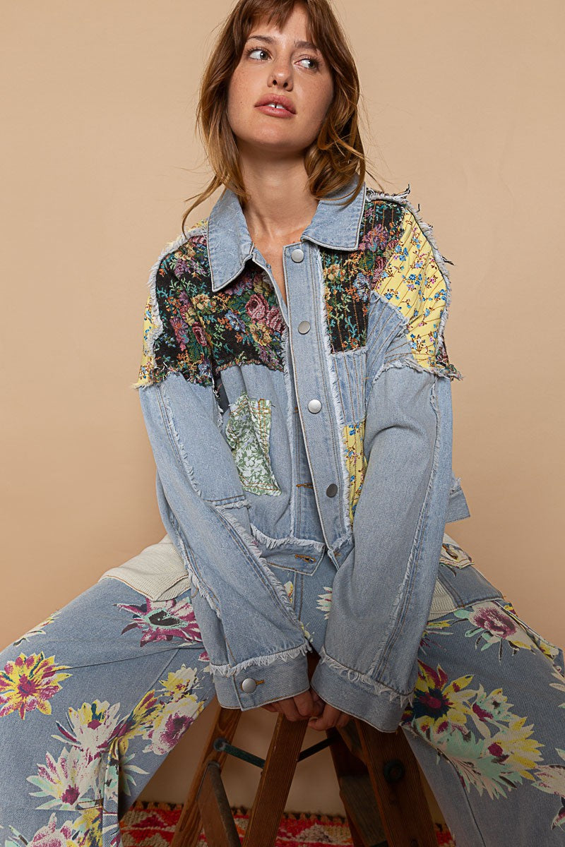 POL Long Sleeve Floral Patchwork Relaxed Fit Denim Jacket - Roulhac Fashion Boutique