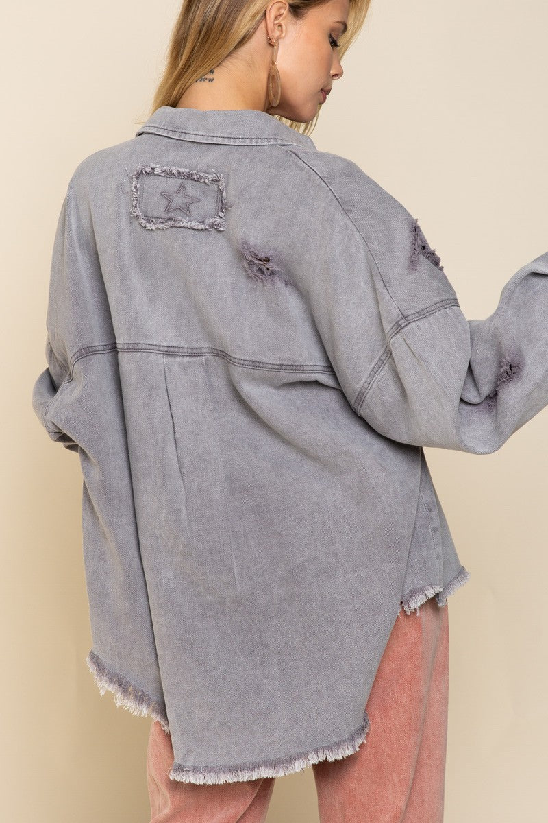 POL Front Pocket Distressed Button Down Twill Shacket Jacket