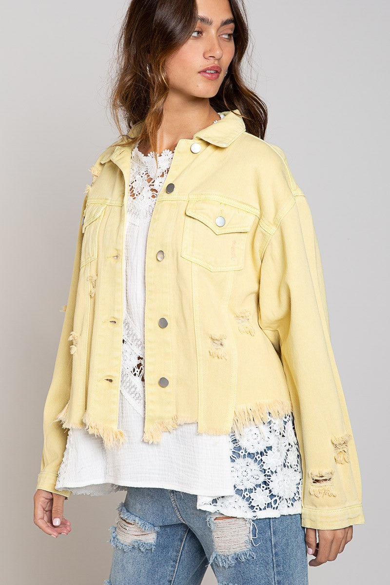 POL Oversize Distressed Button Down Twill Shacket