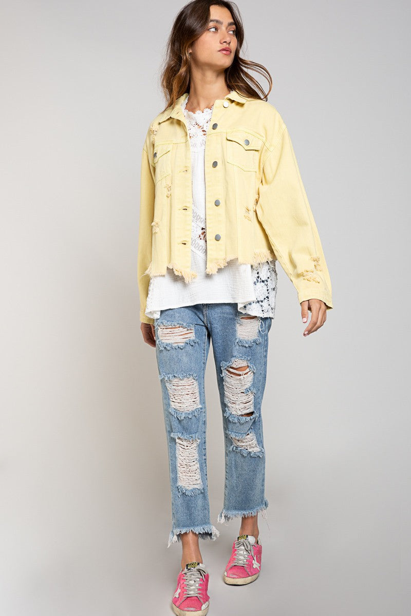 POL Oversize Distressed Button Down Twill Shacket