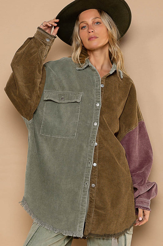 POL Contrast Panels Button Down Corduroy Frayed Edge Shacket Jacket - Roulhac Fashion Boutique
