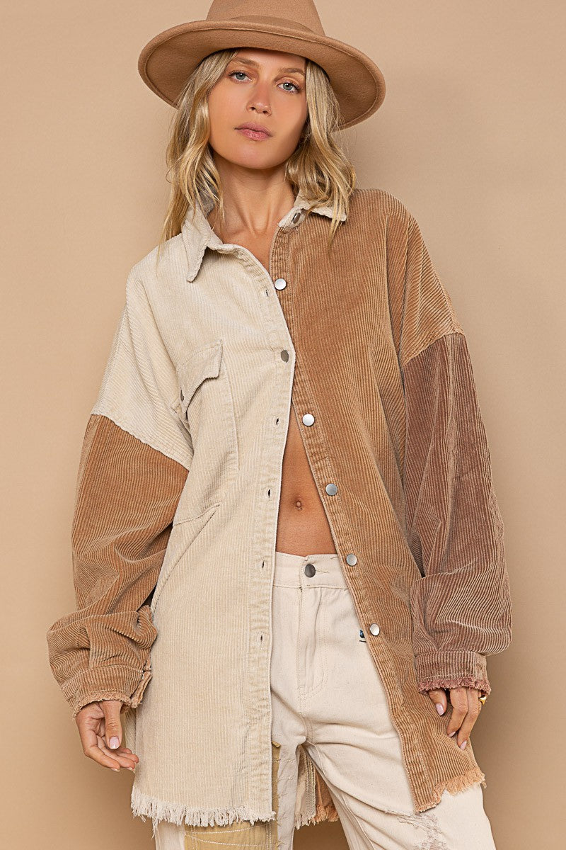 POL Contrast Panels Button Down Corduroy Frayed Edge Shacket Jacket - Roulhac Fashion Boutique