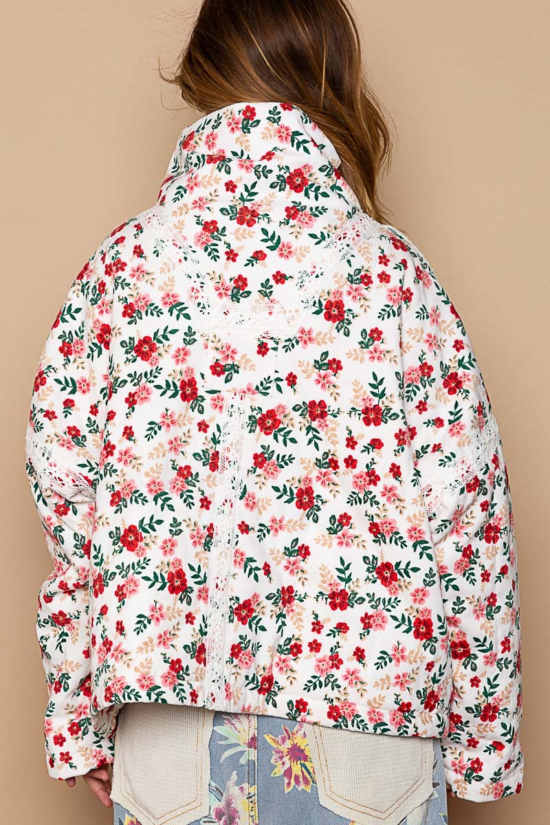 POL High Neck Floral Front Pocket Overfit Quilting Jacket - Roulhac Fashion Boutique