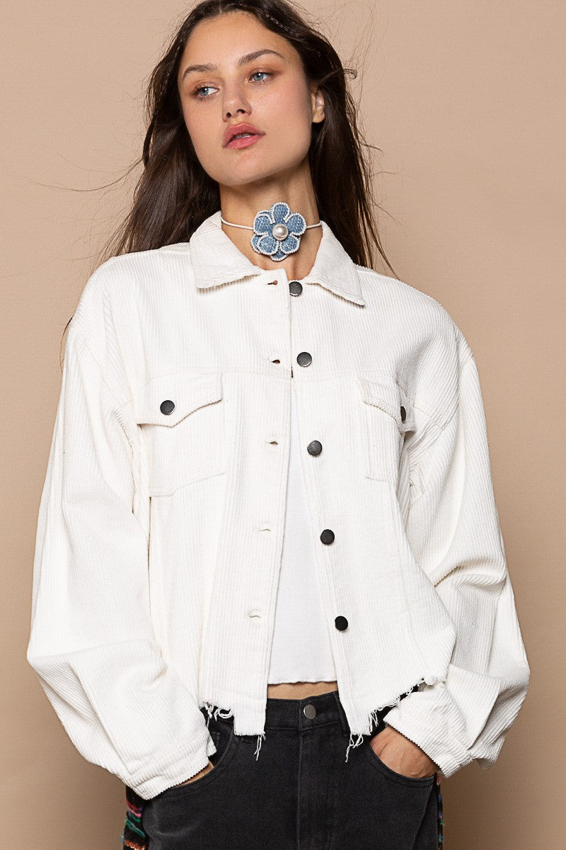 POL Button Down Distressed Hem Corduroy Jacket - Roulhac Fashion Boutique