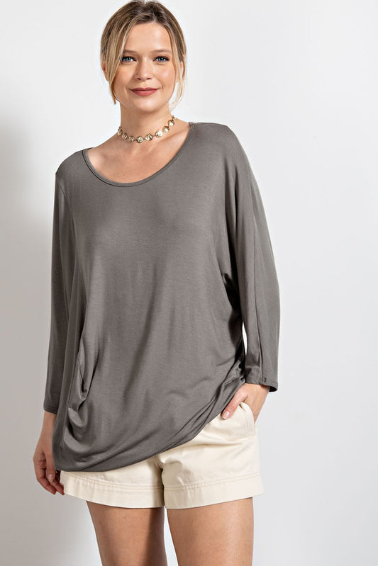 Easel Faded Olive Asymmetrical Hem Long Sleeve Top - Roulhac Fashion Boutique