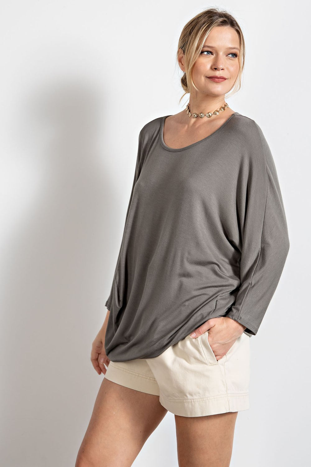 Easel Faded Olive Asymmetrical Hem Long Sleeve Top - Roulhac Fashion Boutique