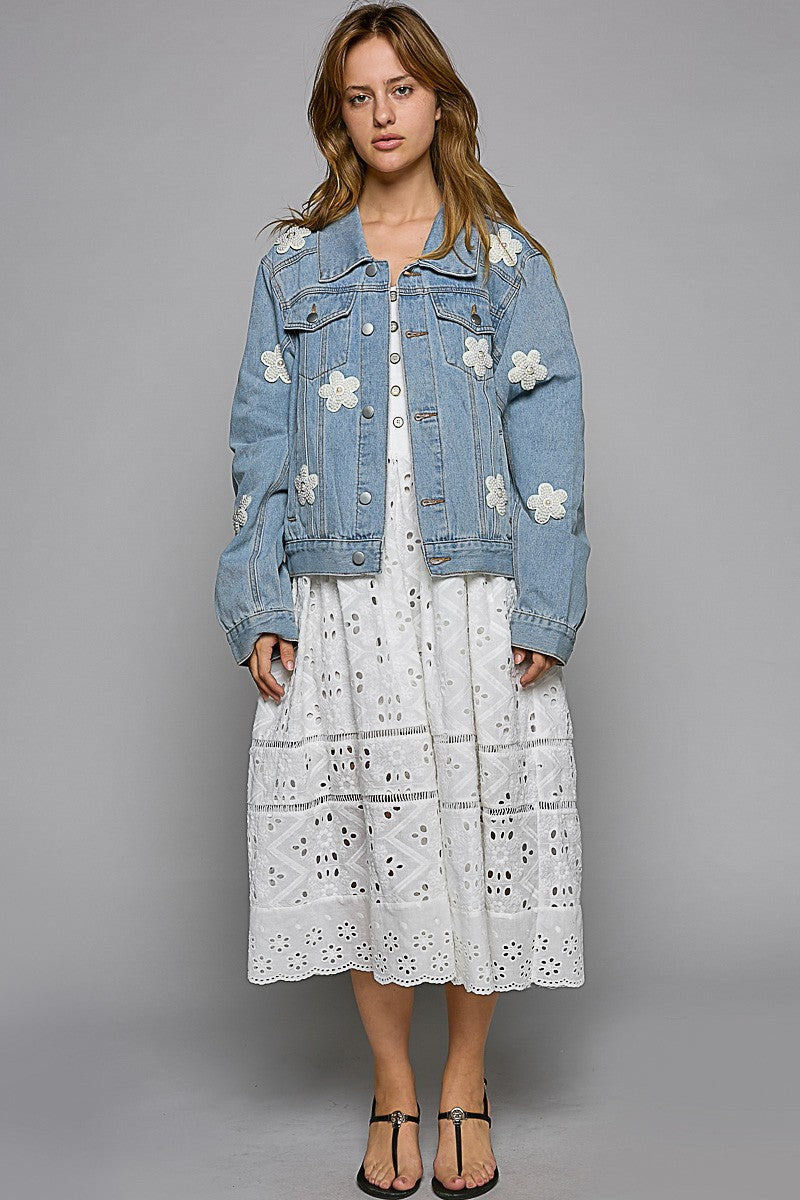 POL Pearl Flower Patch Denim oversized fit long sleeve Jacket - Roulhac Fashion Boutique
