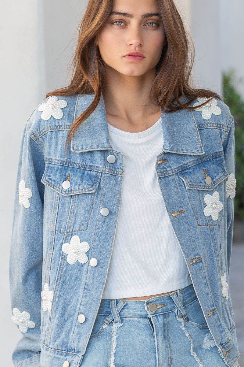 POL Pearl Flower Patch Denim oversized fit long sleeve Jacket - Roulhac Fashion Boutique