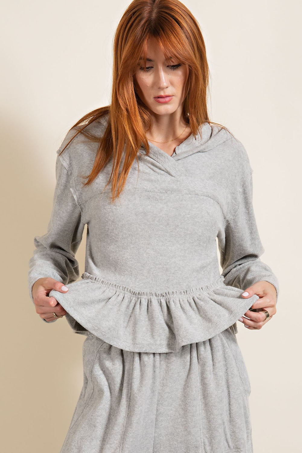 Easel Heather Grey Towel Knit Crop Length Ruffled Bottom Relax Pullover Hoodie - Roulhac Fashion Boutique