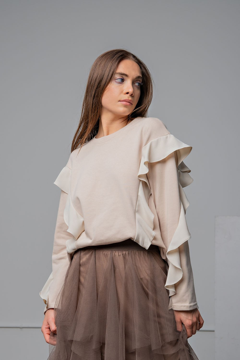 Easel Lt Khaki Dropped Shoulders Ruffle Sleeves Crew Neckline Loose Fit Top - Roulhac Fashion Boutique