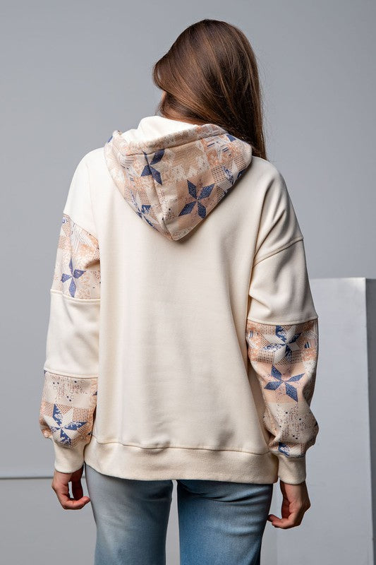 Easel Ivory French Terry Patchwork Detail Banded Edges Pullover Hoodie - Roulhac Fashion Boutique