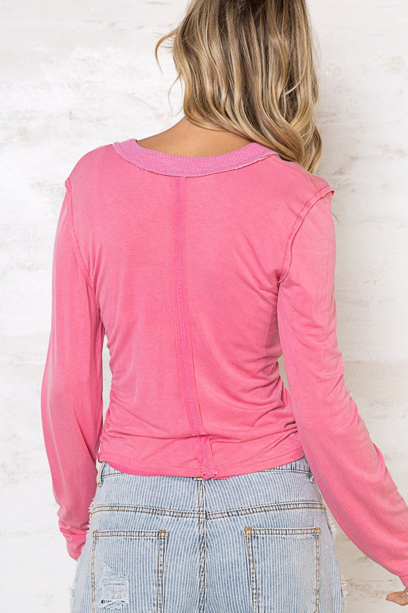 POL Shirring detailed Long Sleeve V-neckline Knit Top