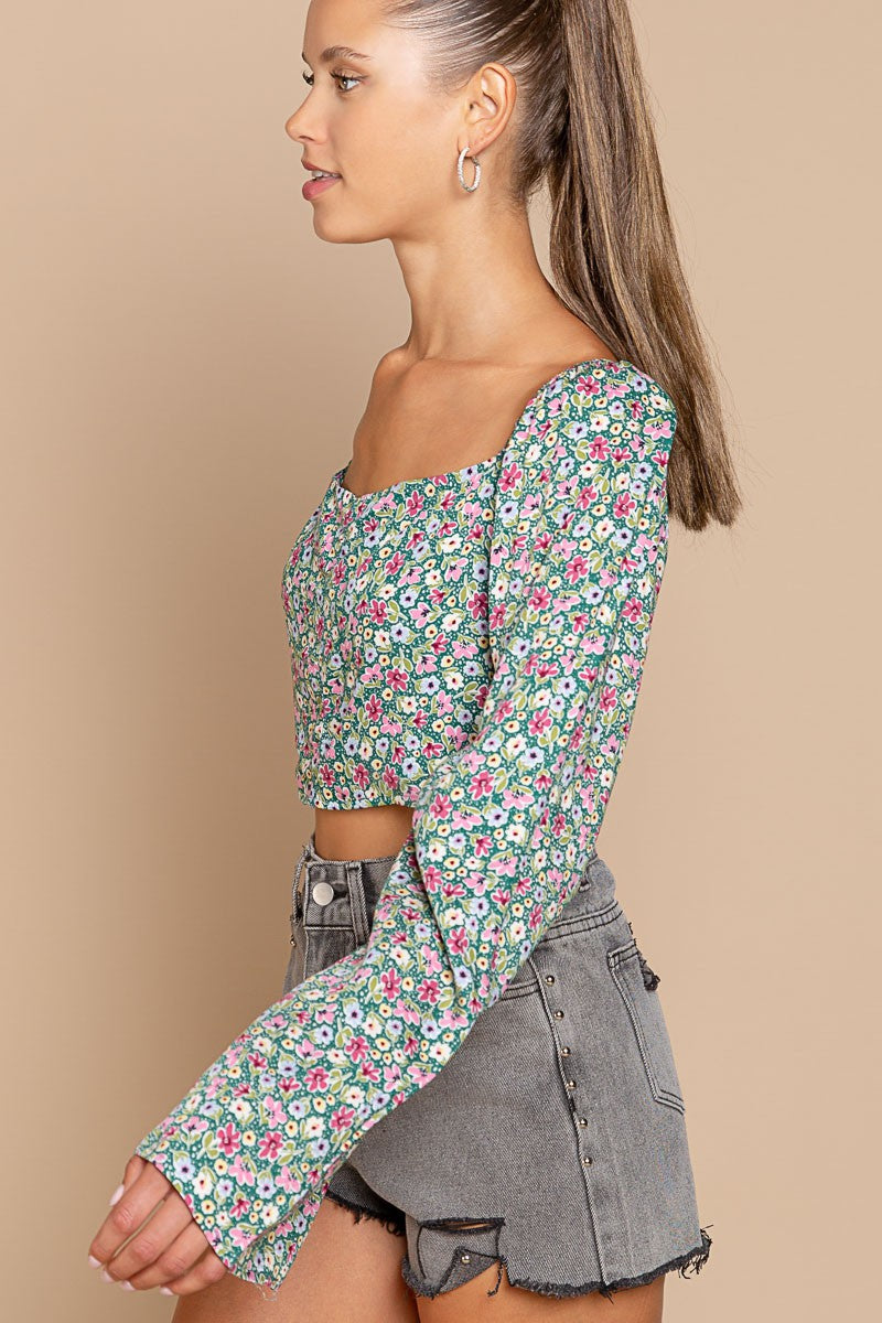 POL Multi Bell Sleeves Floral patterned Smoking Back Fitted Stretch Top