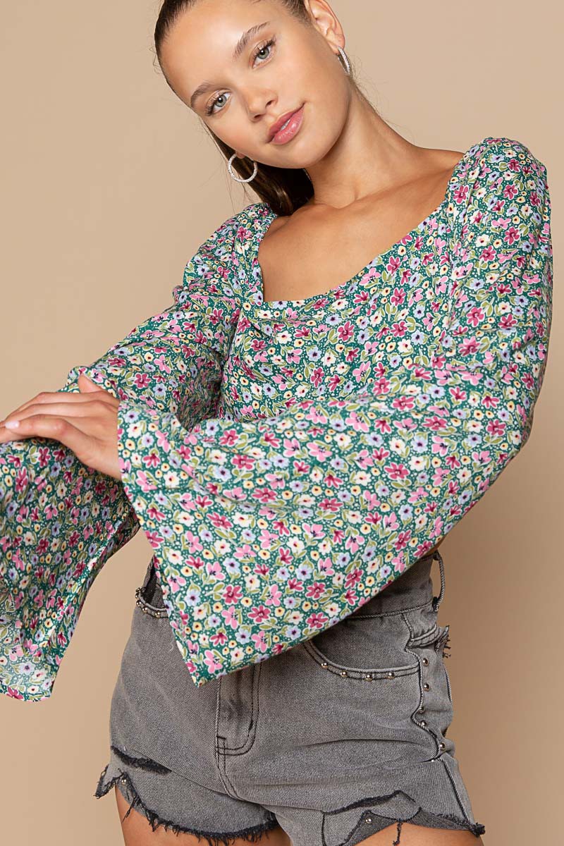 POL Multi Bell Sleeves Floral patterned Smoking Back Fitted Stretch Top - Roulhac Fashion Boutique