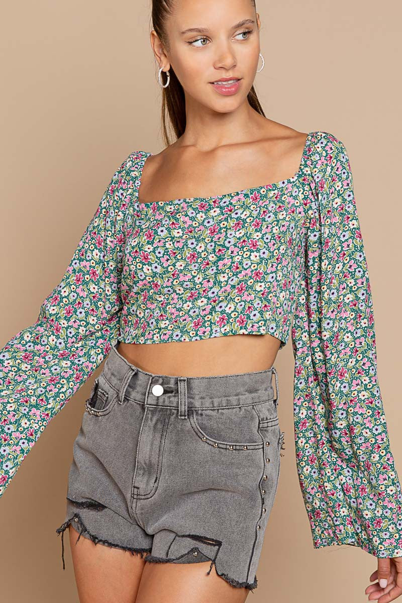 POL Multi Bell Sleeves Floral patterned Smoking Back Fitted Stretch Top