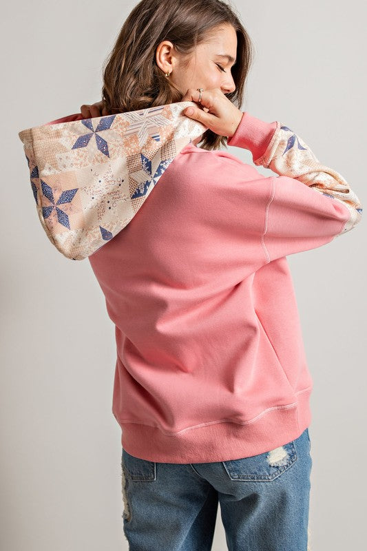 Easel Coral Pink French Terry Patchwork Detail Banded Edges Pullover Hoodie - Roulhac Fashion Boutique