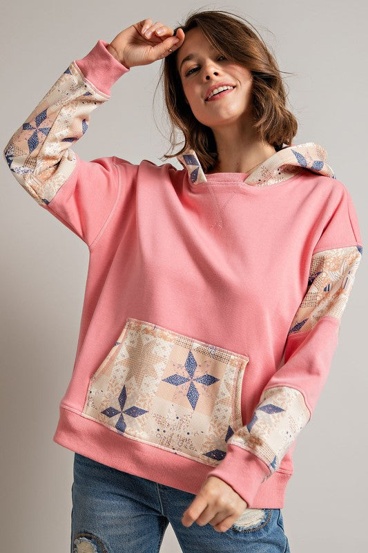 Easel Coral Pink French Terry Patchwork Detail Banded Edges Pullover Hoodie - Roulhac Fashion Boutique