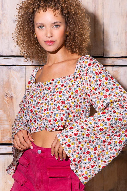 POL Multi Bell Sleeves Floral patterned Smoking Back Fitted Stretch Top - Roulhac Fashion Boutique
