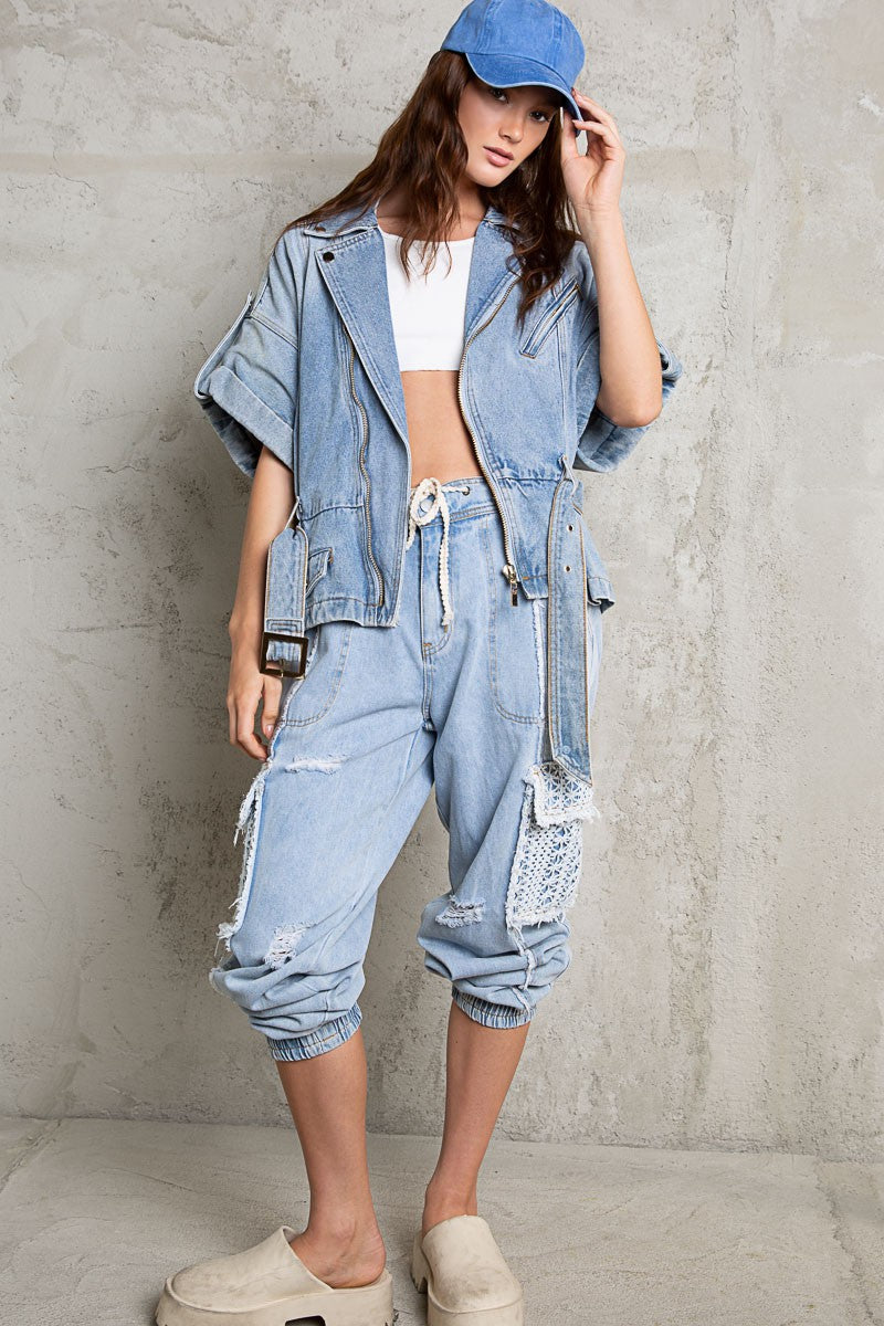 POL Asymmetrical Zipper Dropped Shoulders Waist Belt Denim Jacket - Roulhac Fashion Boutique