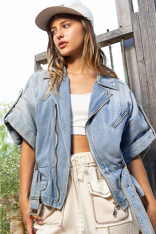 POL Asymmetrical Zipper Dropped Shoulders Waist Belt Denim Jacket - Roulhac Fashion Boutique