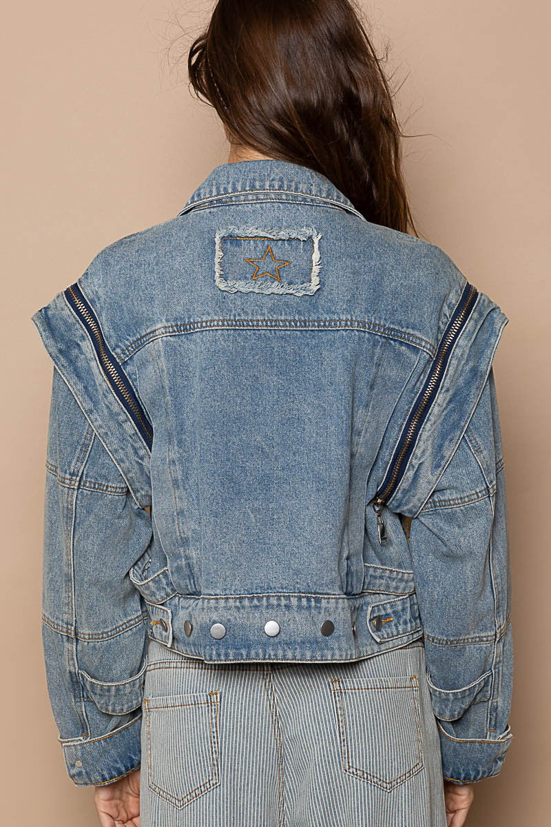 POL Oversized Denim Zipper Long Sleeve Distressed Jacket