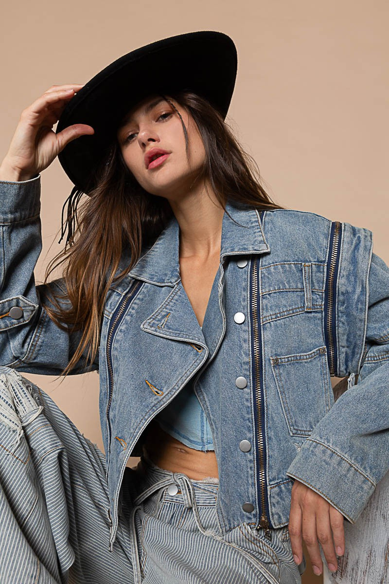 POL Oversized Denim Zipper Long Sleeve Distressed Jacket