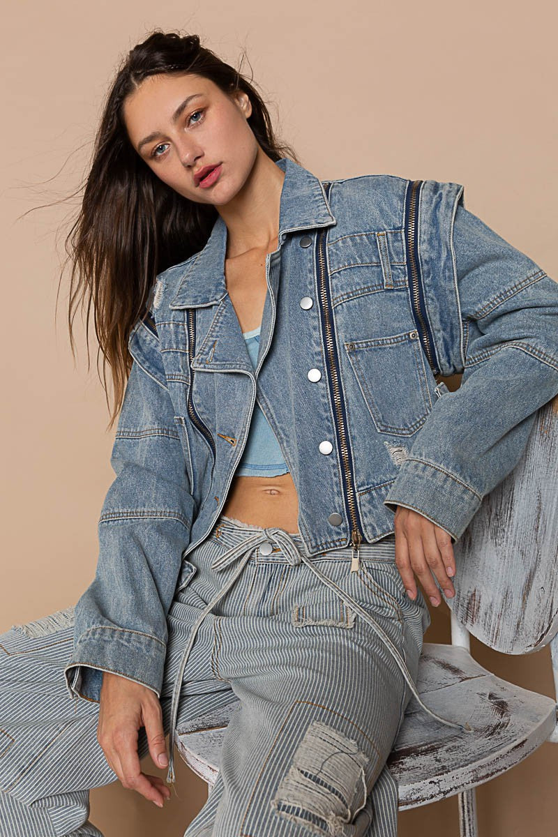 POL Oversized Denim Zipper Long Sleeve Distressed Jacket