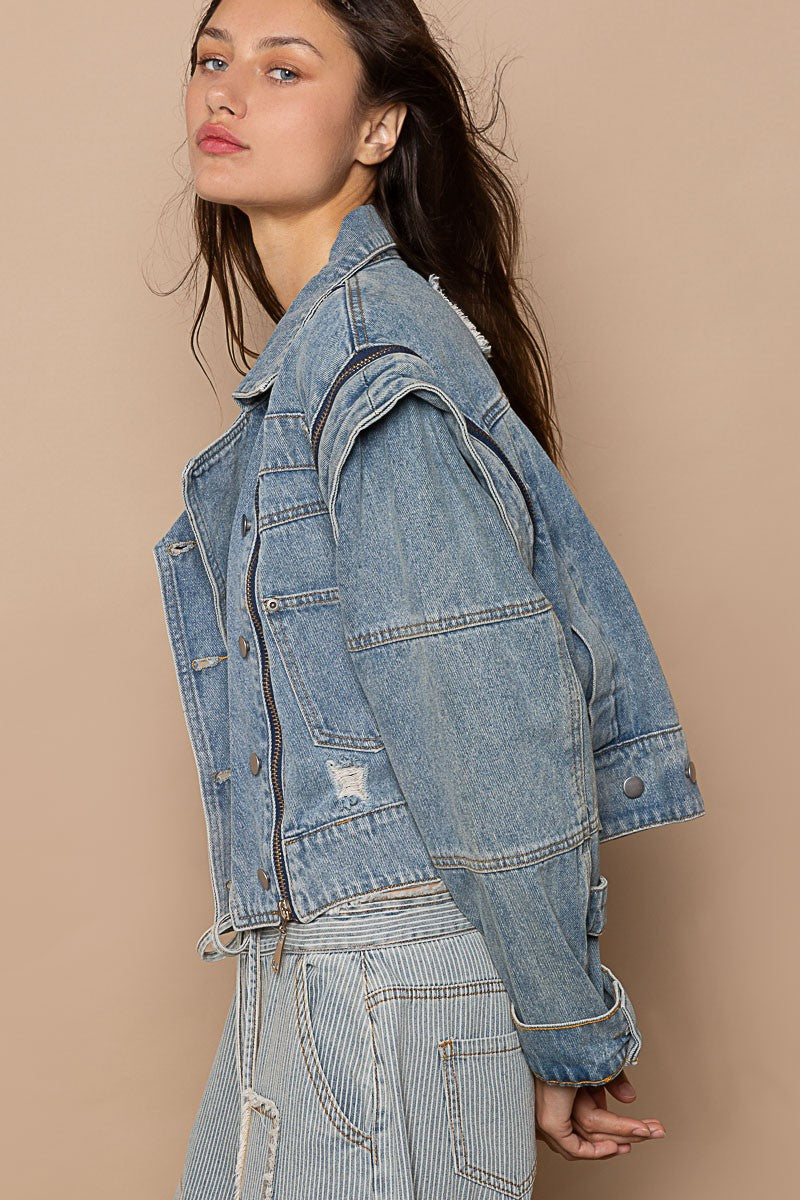 POL Oversized Denim Zipper Long Sleeve Distressed Jacket