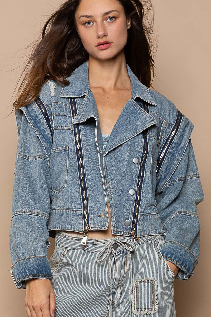 POL Oversized Denim Zipper Long Sleeve Distressed Jacket