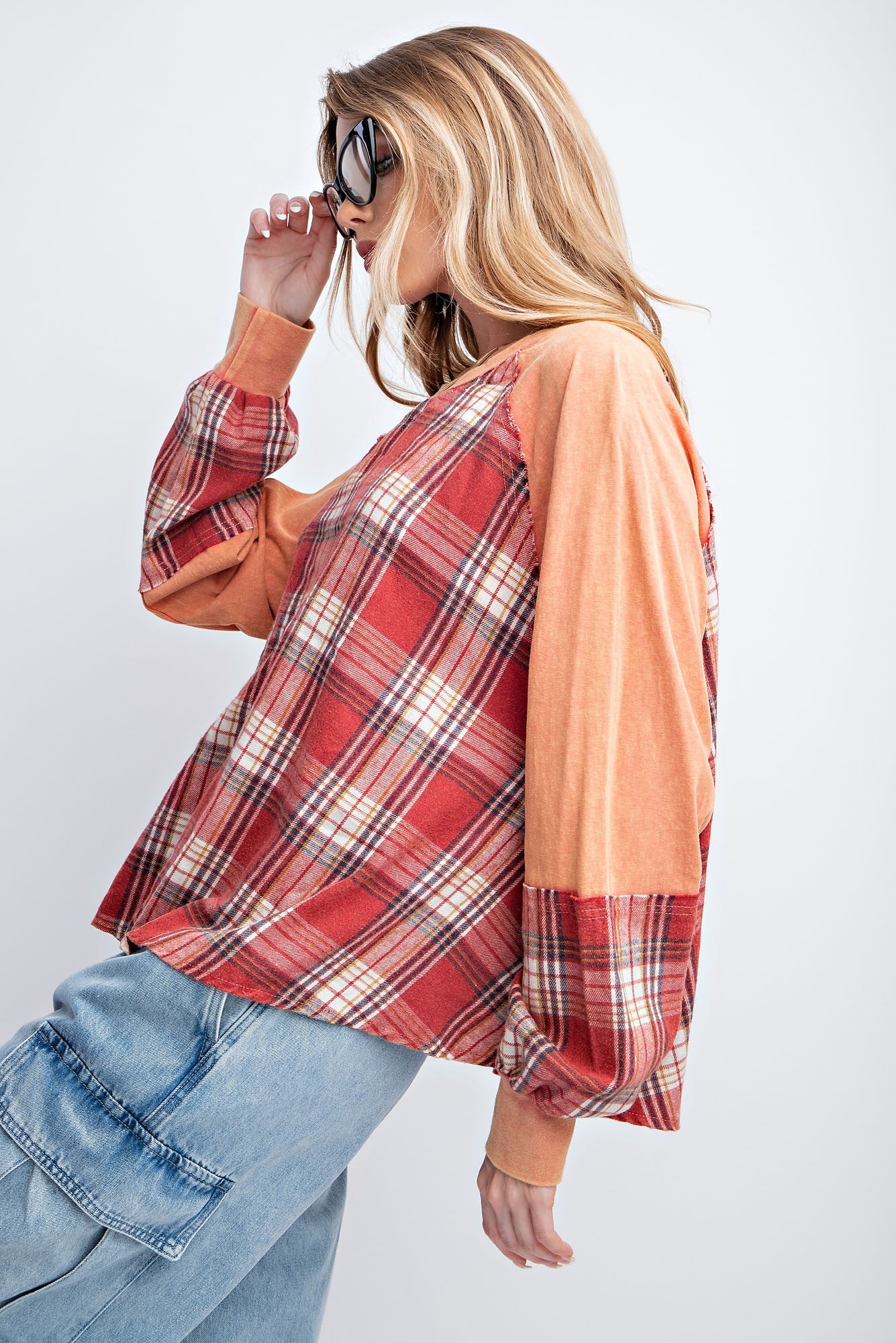 Easel Coral Red Plaid Mix Mineral Washed Rounded Neck Loose Fit Pullover Top - Roulhac Fashion Boutique