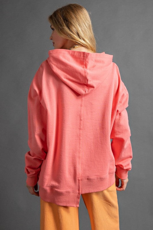 Easel Coral Patchworks Terry Knit Uneven Bottom Hem Loose Fit Pullover Hoodie - Roulhac Fashion Boutique