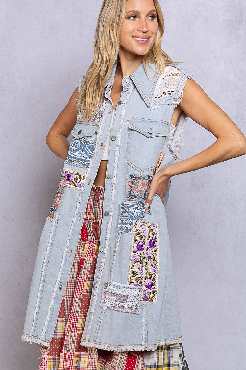 POL Sleeveless Button Down Patch Work Denim Dress Top Jacket - Roulhac Fashion Boutique