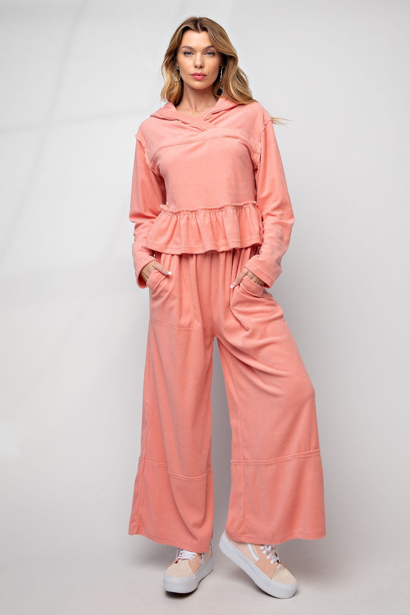 Easel Peach Coral Towel Knit Lounge Pant Set - Roulhac Fashion Boutique