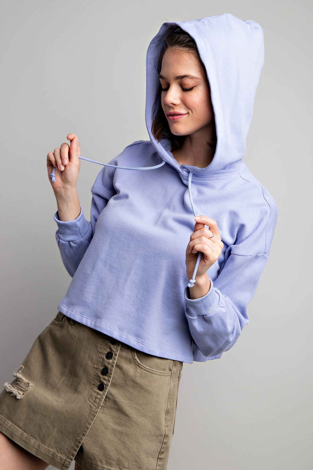 Easel Lilac Blue Adjustable Drawstring Terry Knit Pullover Loose Fit Hoodie - Roulhac Fashion Boutique