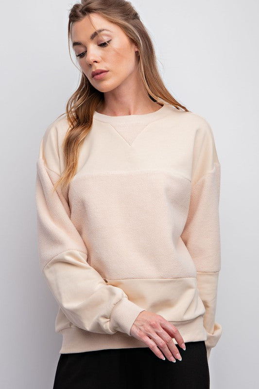 Easel Natural Terry Knit Crew Neckline Fleece Fabrication Loose Fit Pullover Top - Roulhac Fashion Boutique