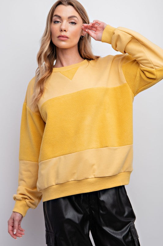Easel Mustard Terry Knit Crew Neckline Fleece Fabrication Loose Fit Pullover Top - Roulhac Fashion Boutique