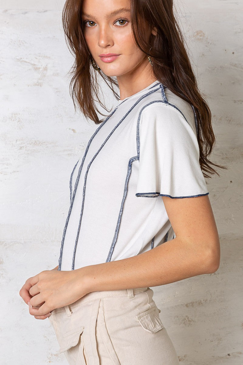 POL Half Sleeves Round Neck Emphasized Stitch Ribbed Knit Top - Roulhac Fashion Boutique